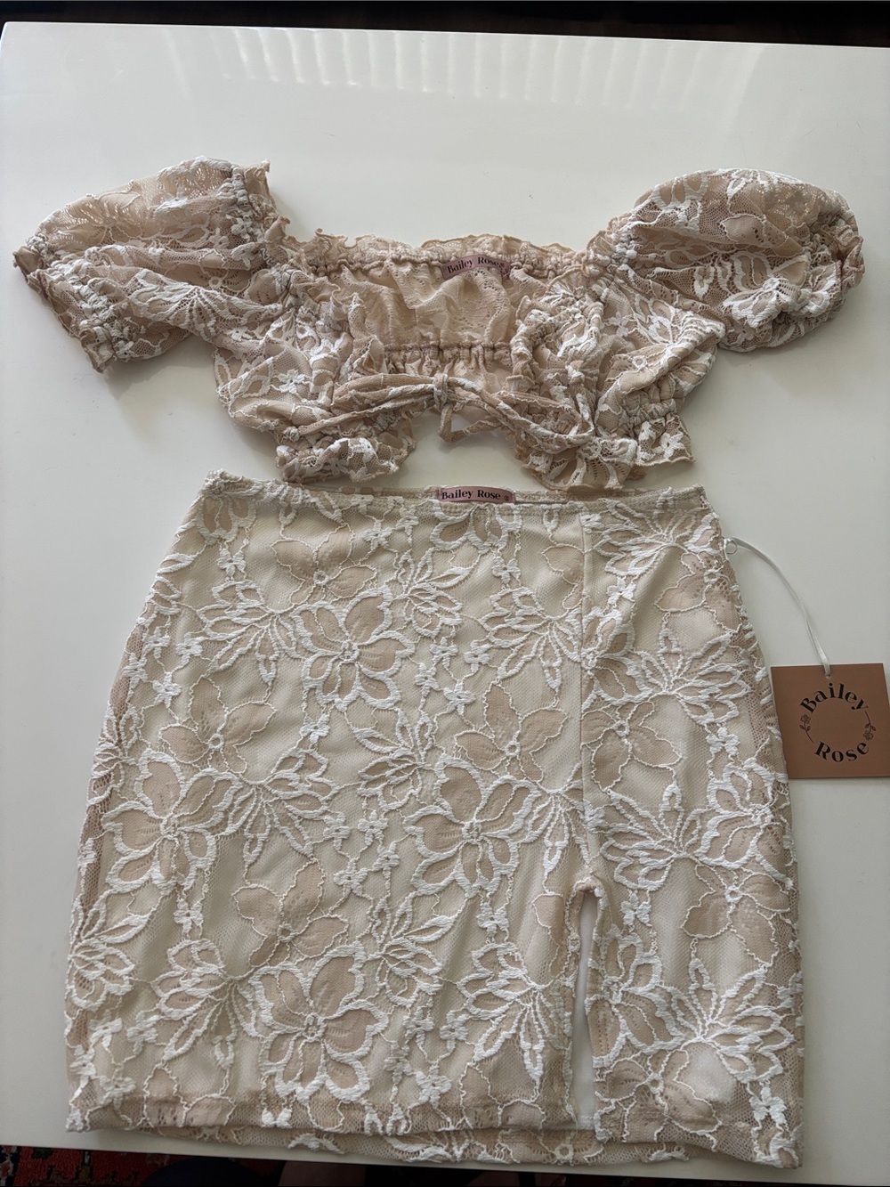 Bailey Rose Nude Lace Mini Skirt - Floral Overlay